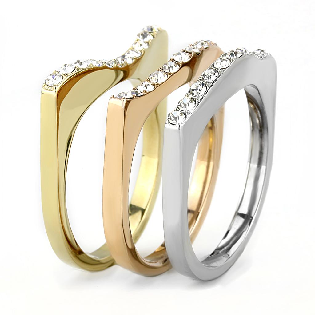 Three Tone (IP Gold & IP Rose Gold & High Polished) Stainless Steel Ring with Top Grade Crystal  in Clear