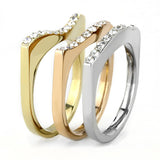 Three Tone (IP Gold & IP Rose Gold & High Polished) Stainless Steel Ring with Top Grade Crystal  in Clear
