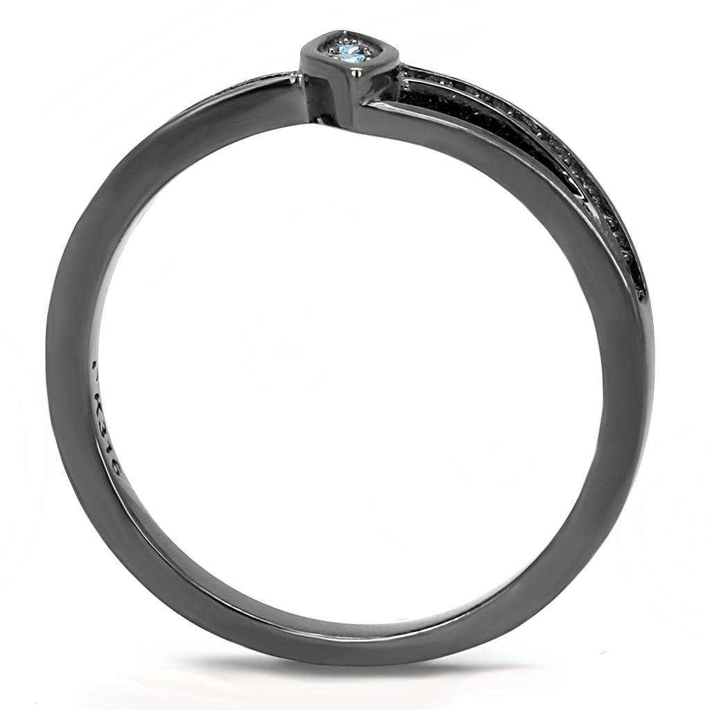 IP Light Black  (IP Gun) Stainless Steel Ring with Top Grade Crystal  in Sea Blue