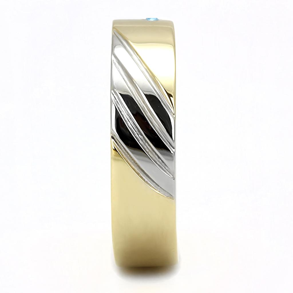 Two-Tone IP Gold (Ion Plating) Stainless Steel Ring with Top Grade Crystal  in Sea Blue