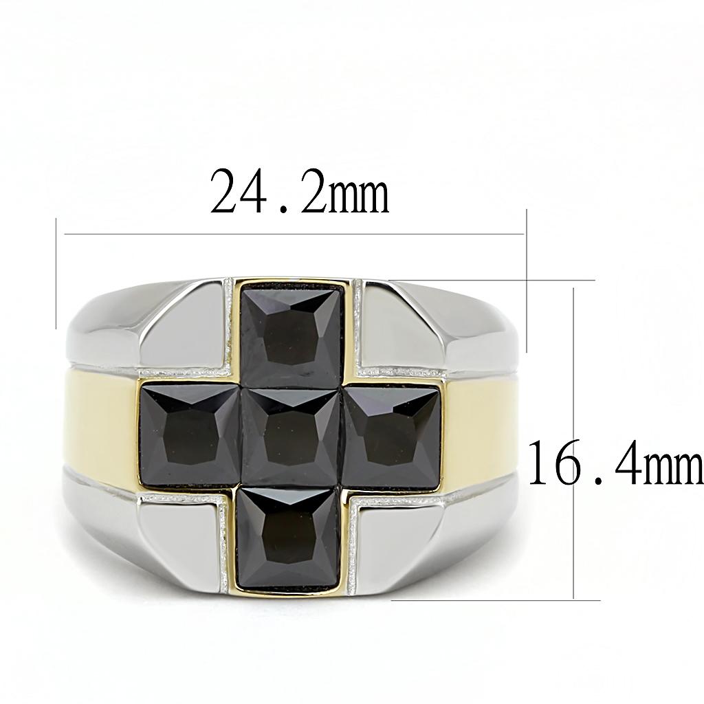 Two-Tone IP Gold (Ion Plating) Stainless Steel Ring with AAA Grade CZ  in Black Diamond