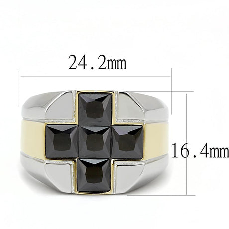 Two-Tone IP Gold (Ion Plating) Stainless Steel Ring with AAA Grade CZ  in Black Diamond