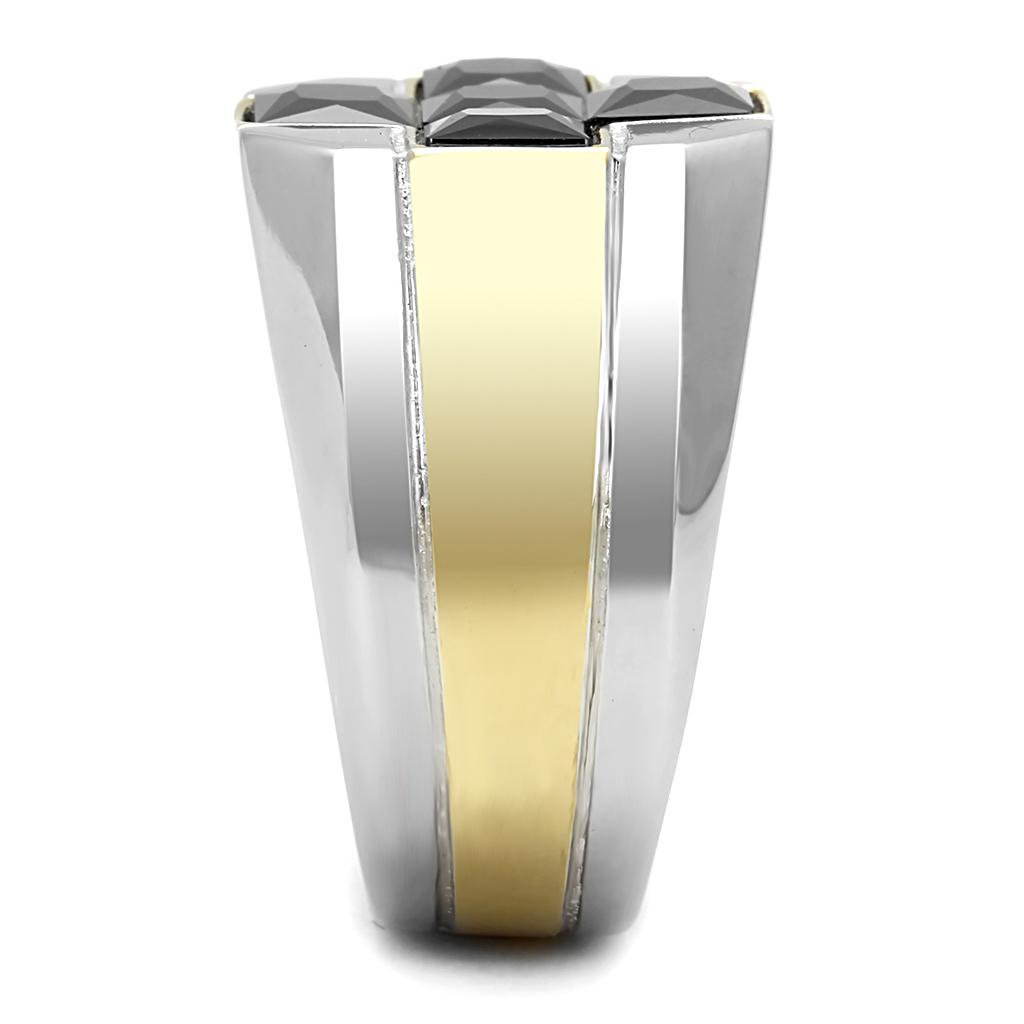 Two-Tone IP Gold (Ion Plating) Stainless Steel Ring with AAA Grade CZ  in Black Diamond