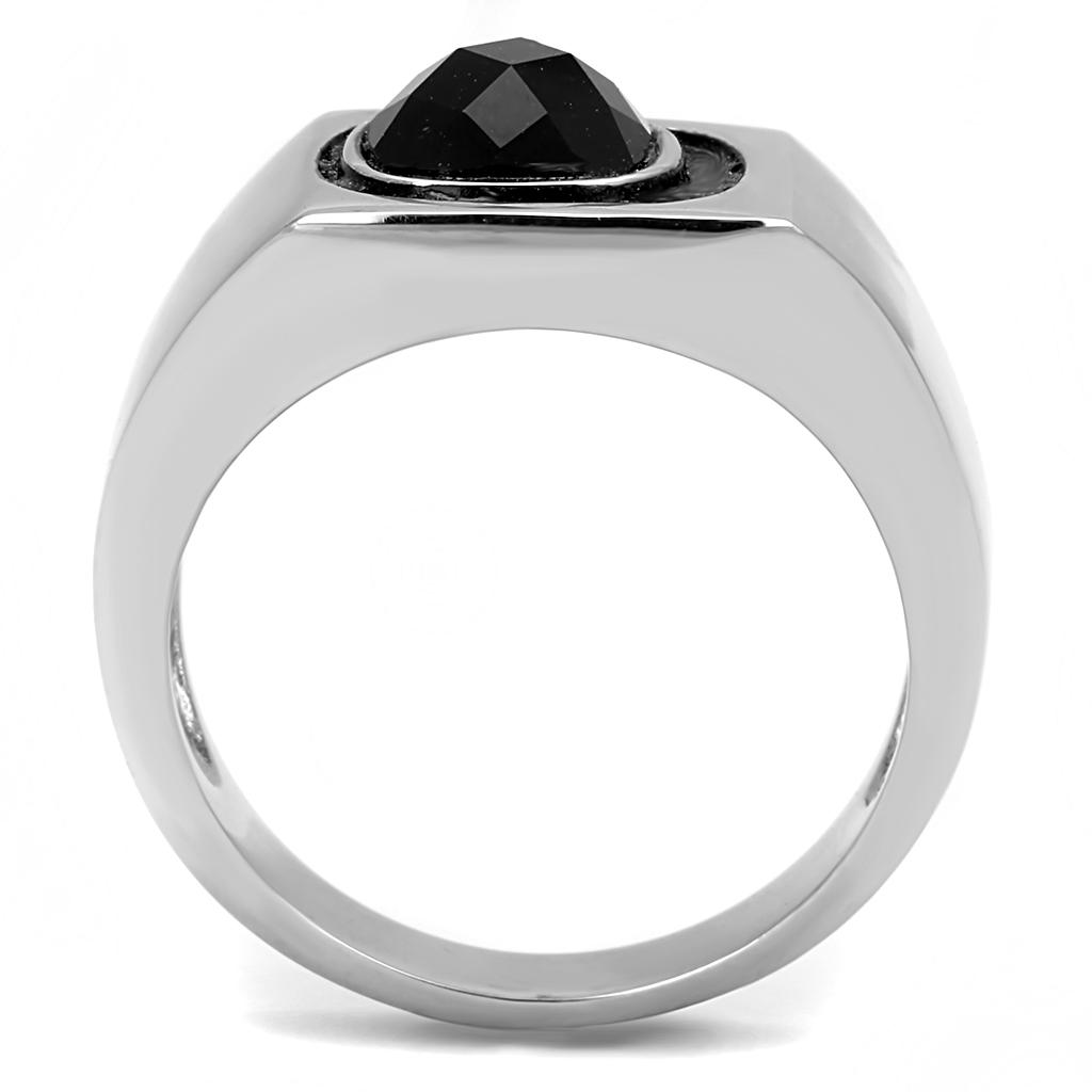 High polished (no plating) Stainless Steel Ring with Synthetic Synthetic Glass in Jet