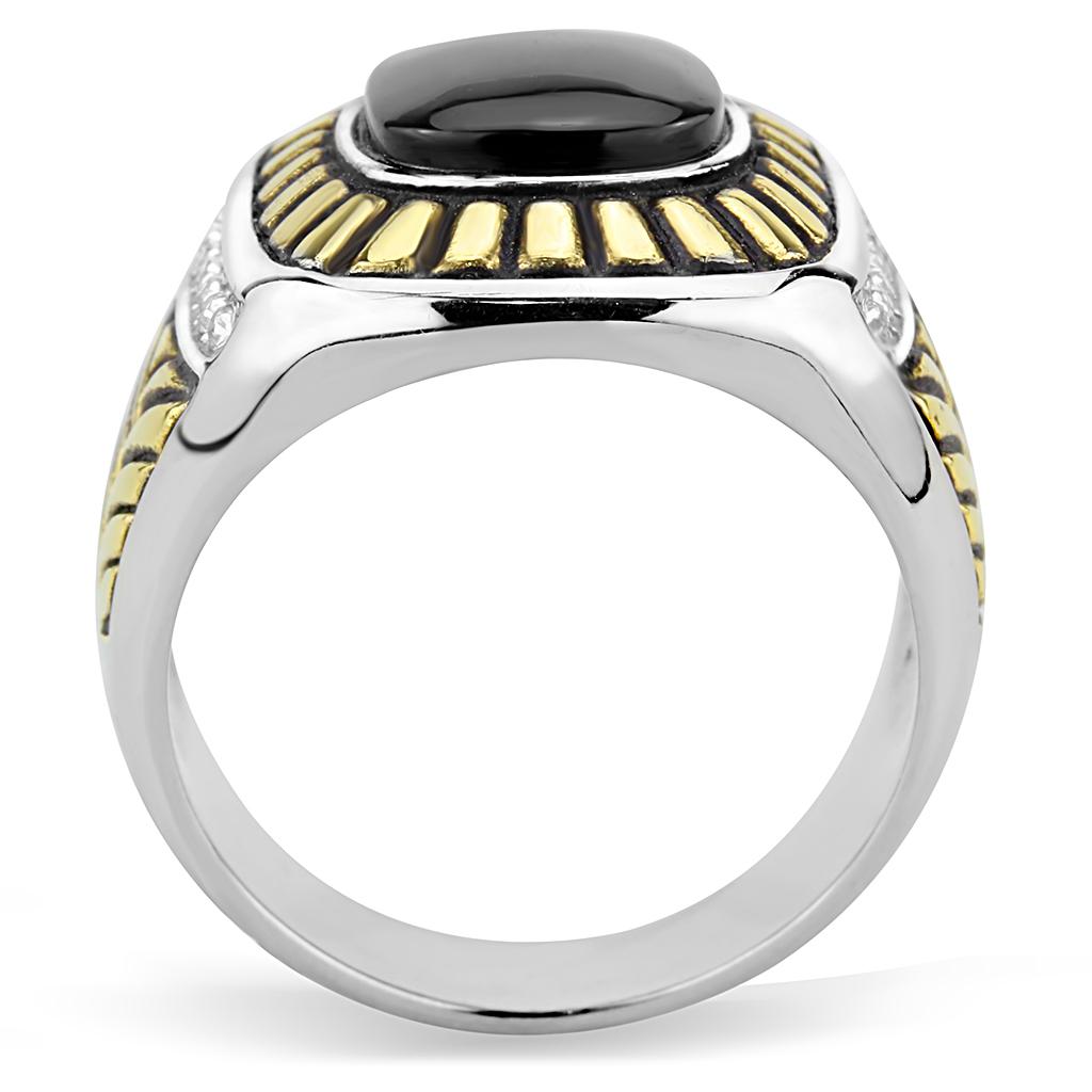 Two-Tone IP Gold (Ion Plating) Stainless Steel Ring with Synthetic Onyx in Jet