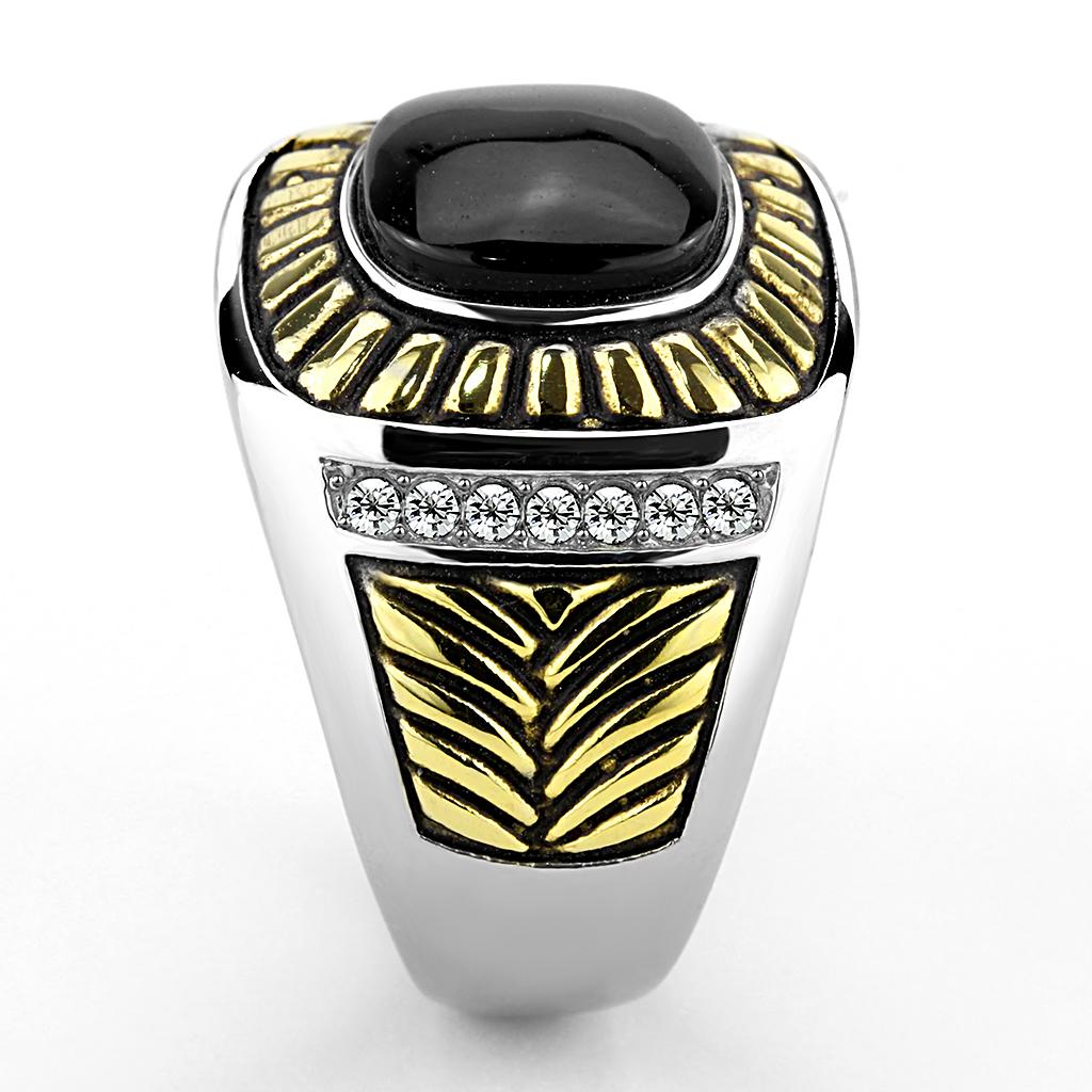 Two-Tone IP Gold (Ion Plating) Stainless Steel Ring with Synthetic Onyx in Jet