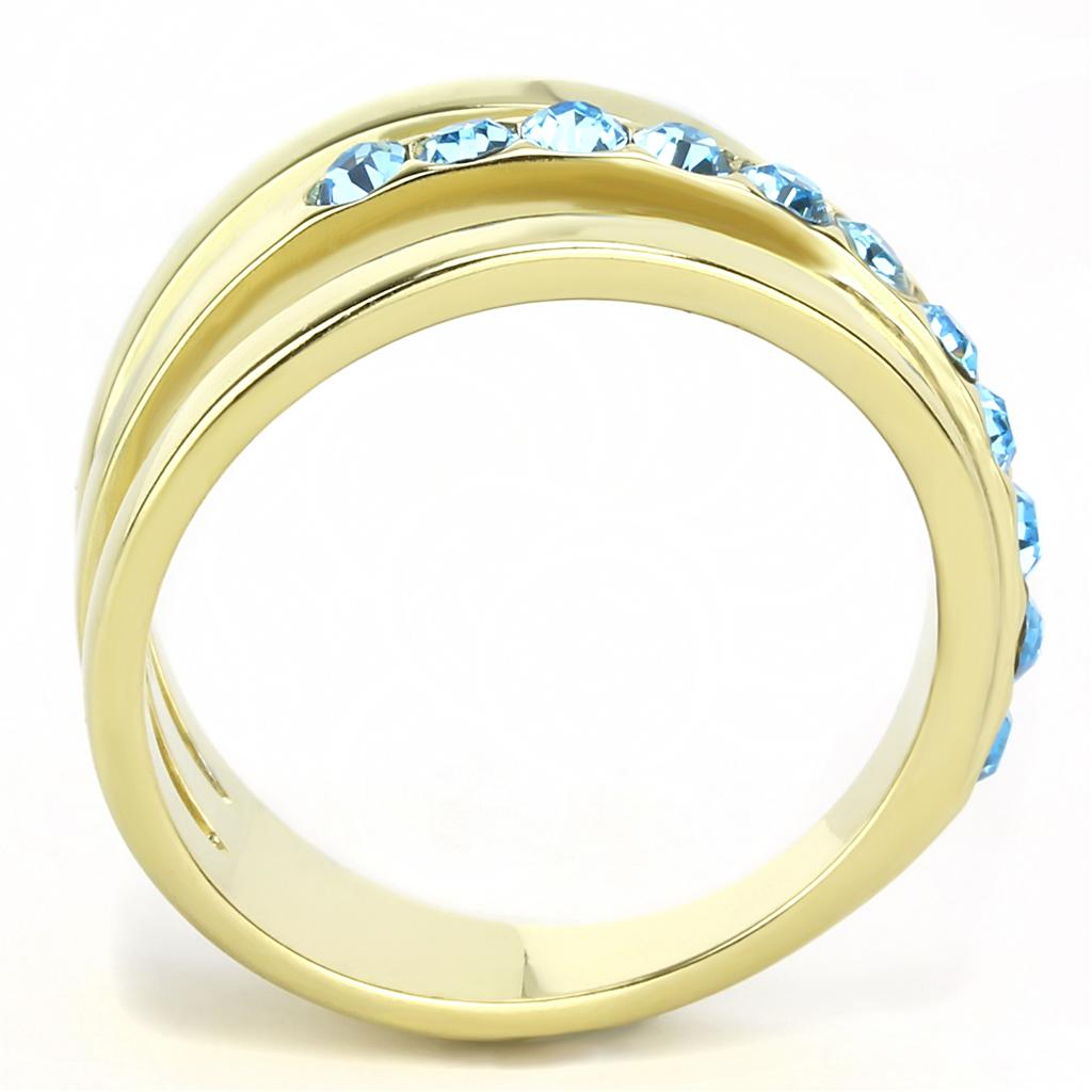 IP Gold(Ion Plating) Stainless Steel Ring with Top Grade Crystal  in Sea Blue