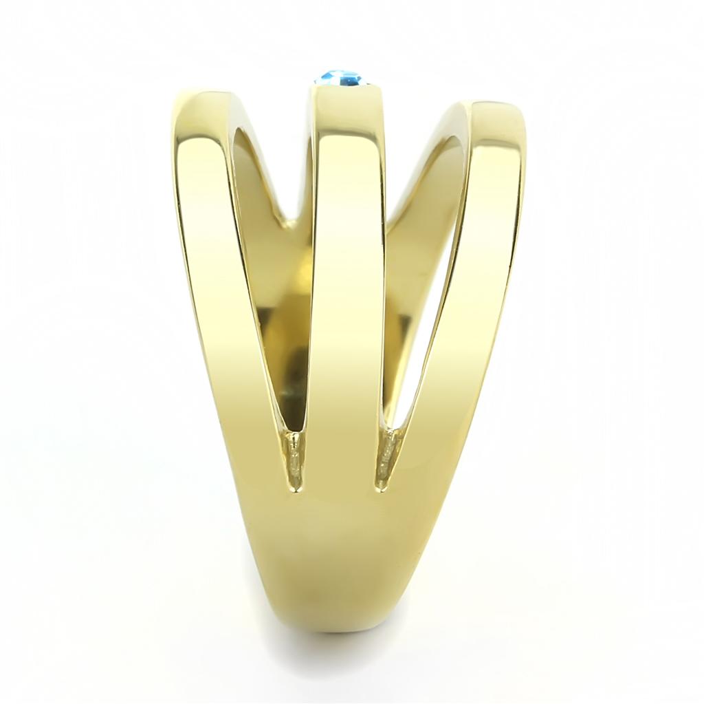 IP Gold(Ion Plating) Stainless Steel Ring with Top Grade Crystal  in Sea Blue