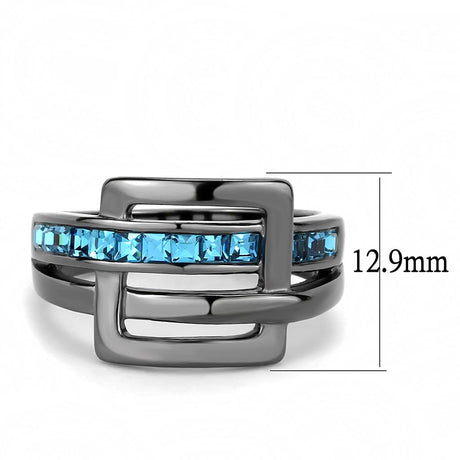 IP Light Black  (IP Gun) Stainless Steel Ring with Top Grade Crystal  in Sea Blue