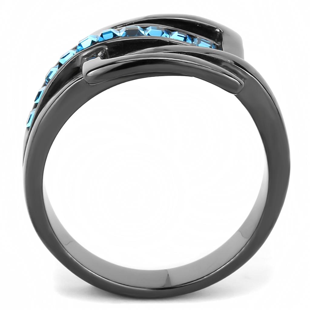IP Light Black  (IP Gun) Stainless Steel Ring with Top Grade Crystal  in Sea Blue