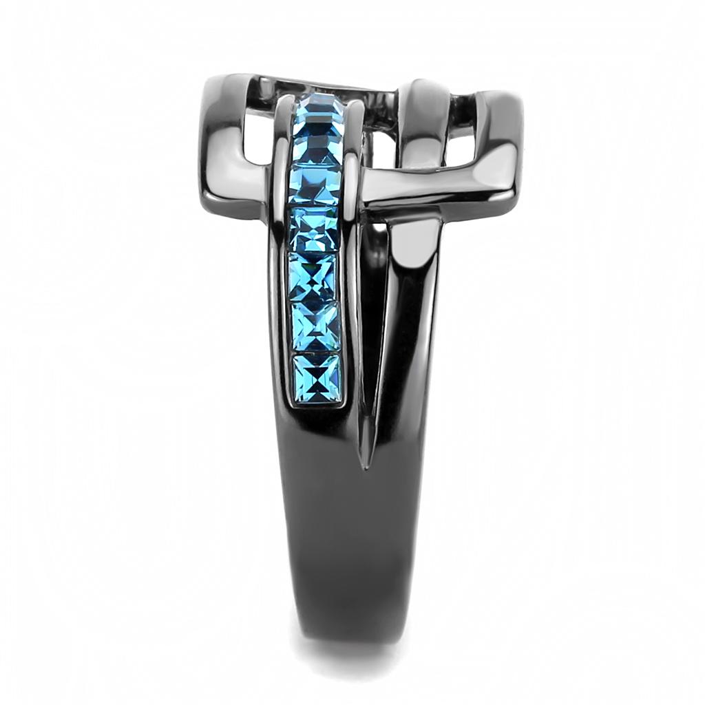IP Light Black  (IP Gun) Stainless Steel Ring with Top Grade Crystal  in Sea Blue