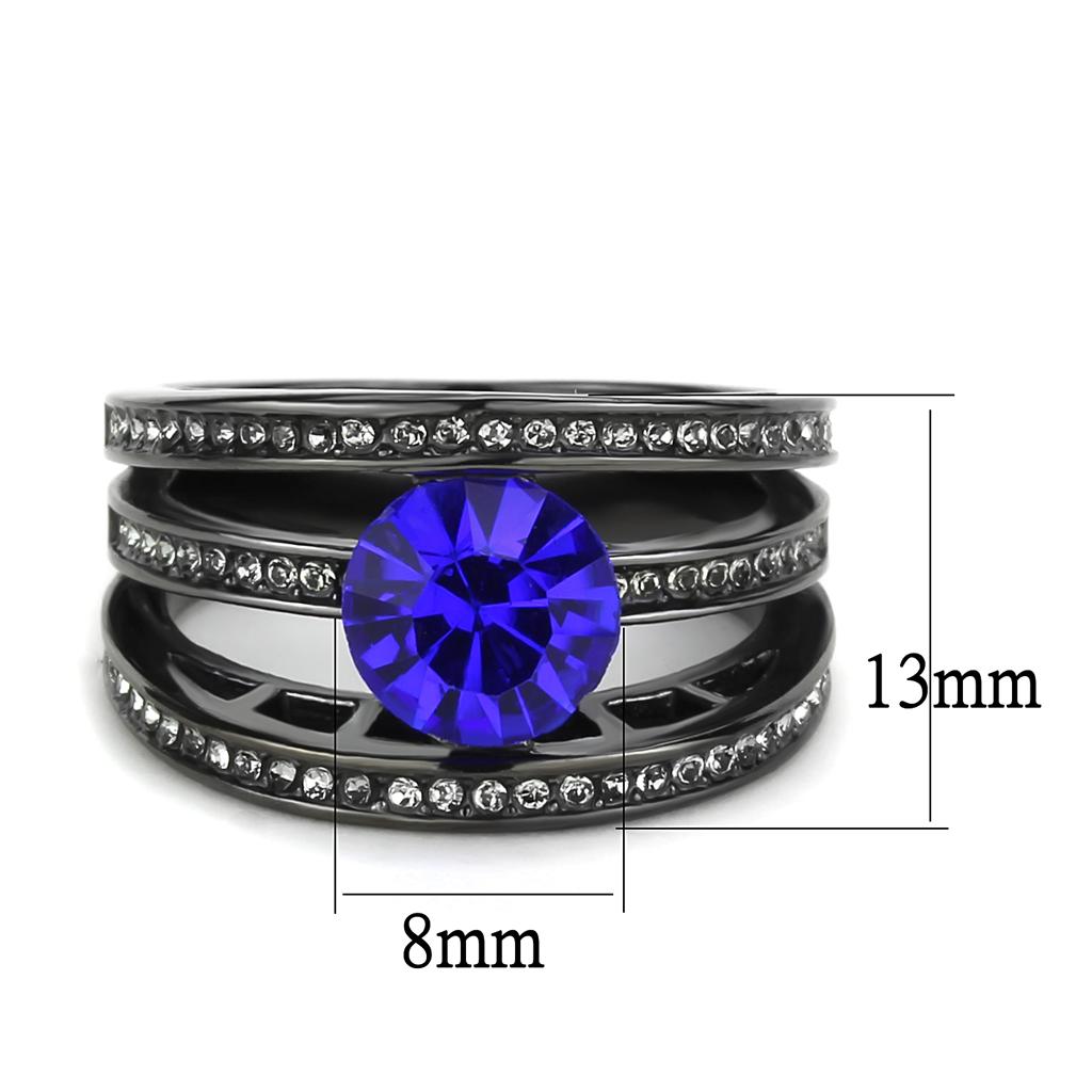 IP Light Black  (IP Gun) Stainless Steel Ring with Top Grade Crystal  in Sapphire