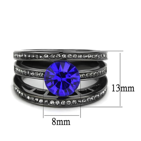 IP Light Black  (IP Gun) Stainless Steel Ring with Top Grade Crystal  in Sapphire