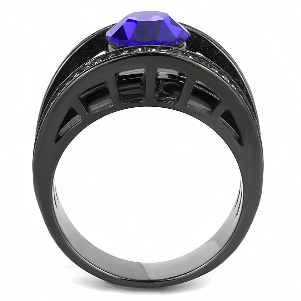 IP Light Black  (IP Gun) Stainless Steel Ring with Top Grade Crystal  in Sapphire