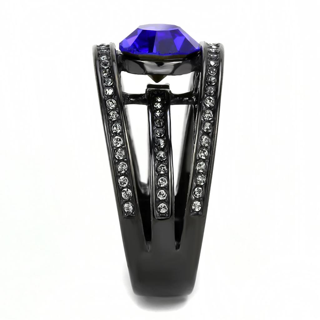 IP Light Black  (IP Gun) Stainless Steel Ring with Top Grade Crystal  in Sapphire
