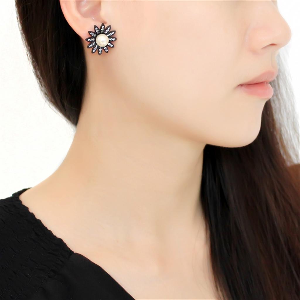 IP Black(Ion Plating) Stainless Steel Earrings with Synthetic Pearl in White