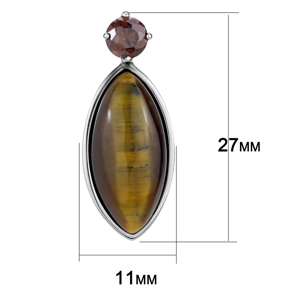 High polished (no plating) Stainless Steel Earrings with Semi-Precious Tiger Eye in Topaz
