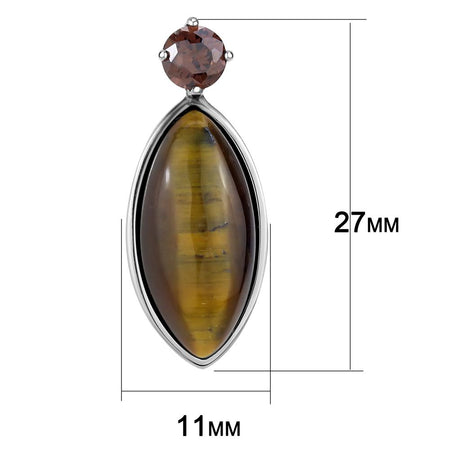 High polished (no plating) Stainless Steel Earrings with Semi-Precious Tiger Eye in Topaz