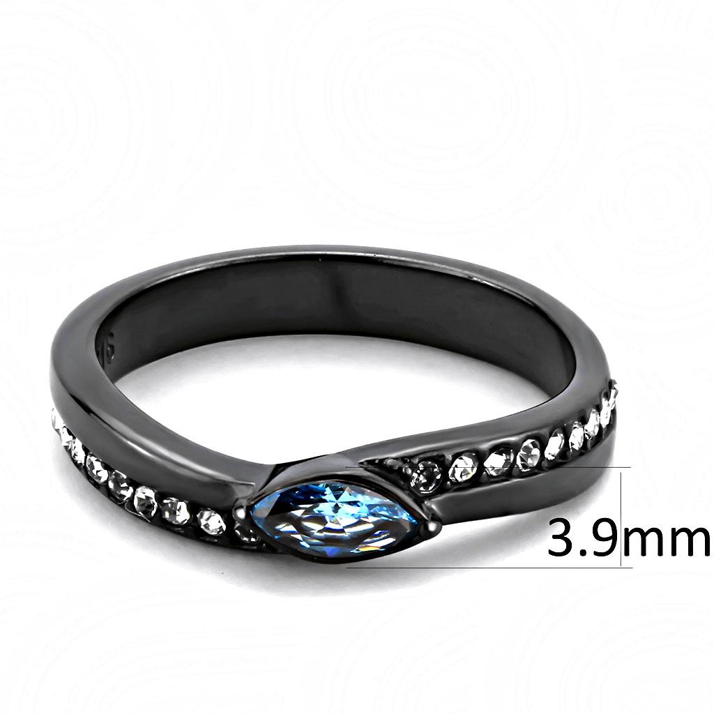 IP Light Black  (IP Gun) Stainless Steel Ring with AAA Grade CZ  in Sea Blue