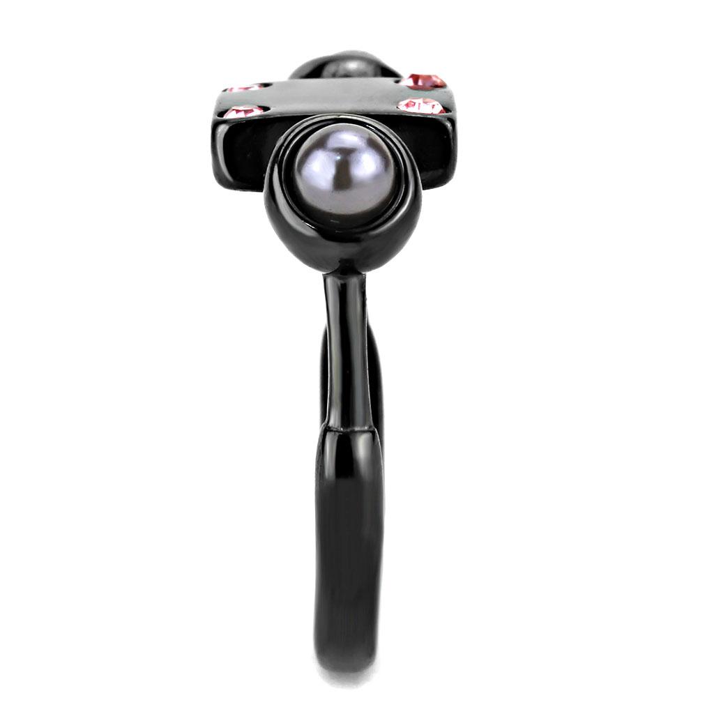 IP Light Black  (IP Gun) Stainless Steel Ring with Synthetic Pearl in Gray