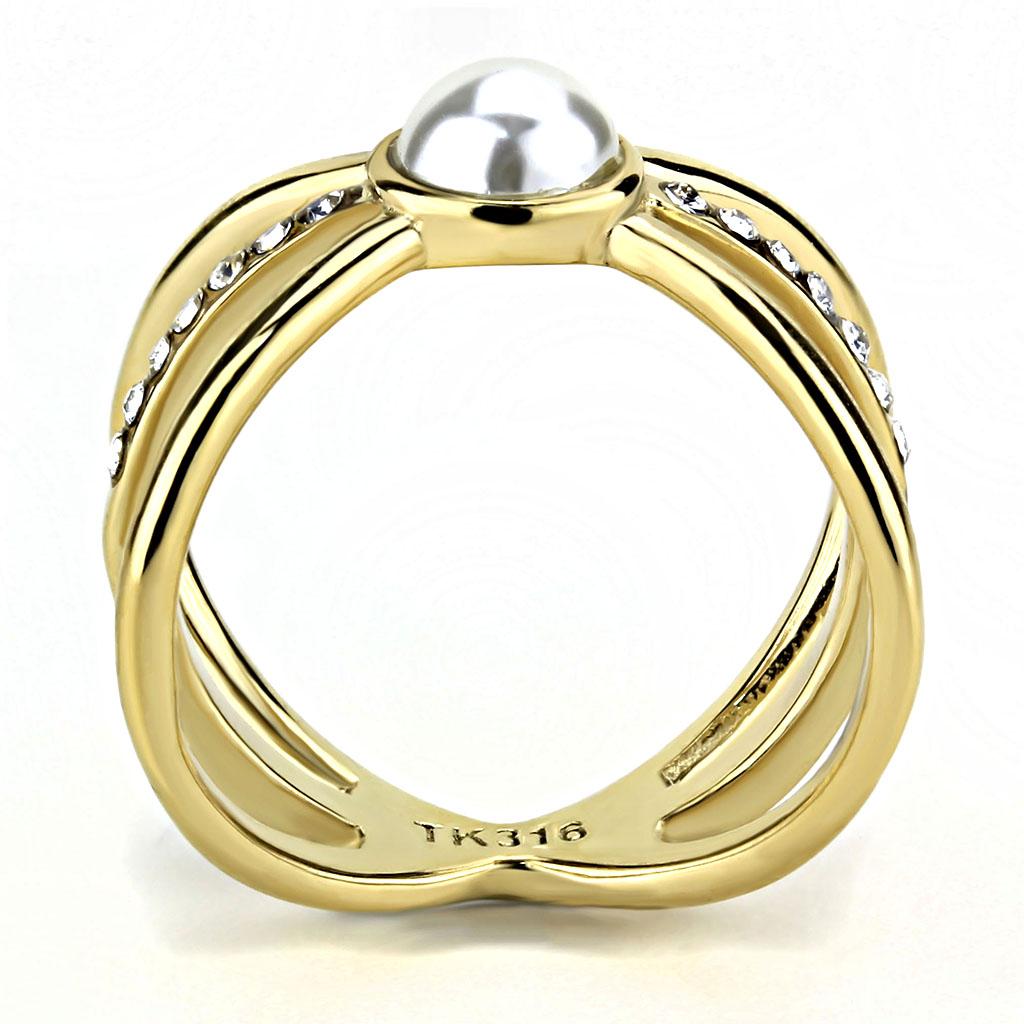 IP Gold(Ion Plating) Stainless Steel Ring with Synthetic Pearl in White