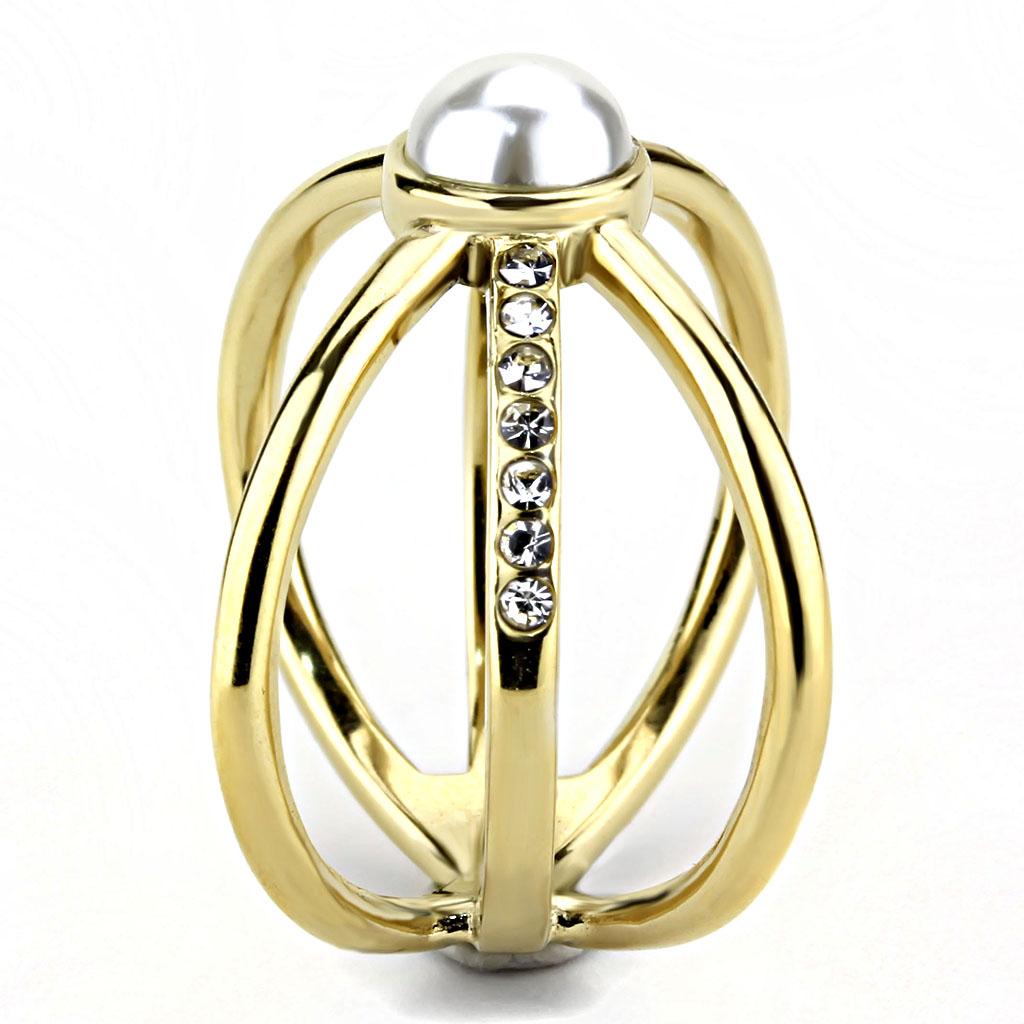 IP Gold(Ion Plating) Stainless Steel Ring with Synthetic Pearl in White