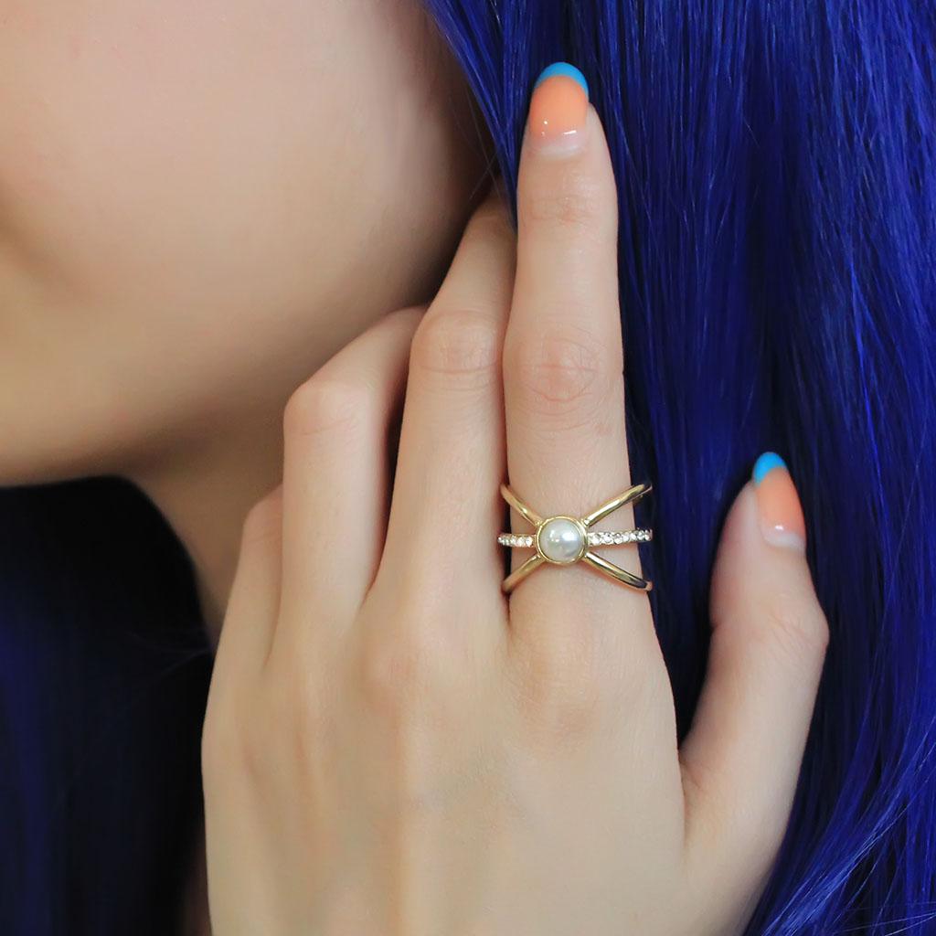 IP Gold(Ion Plating) Stainless Steel Ring with Synthetic Pearl in White