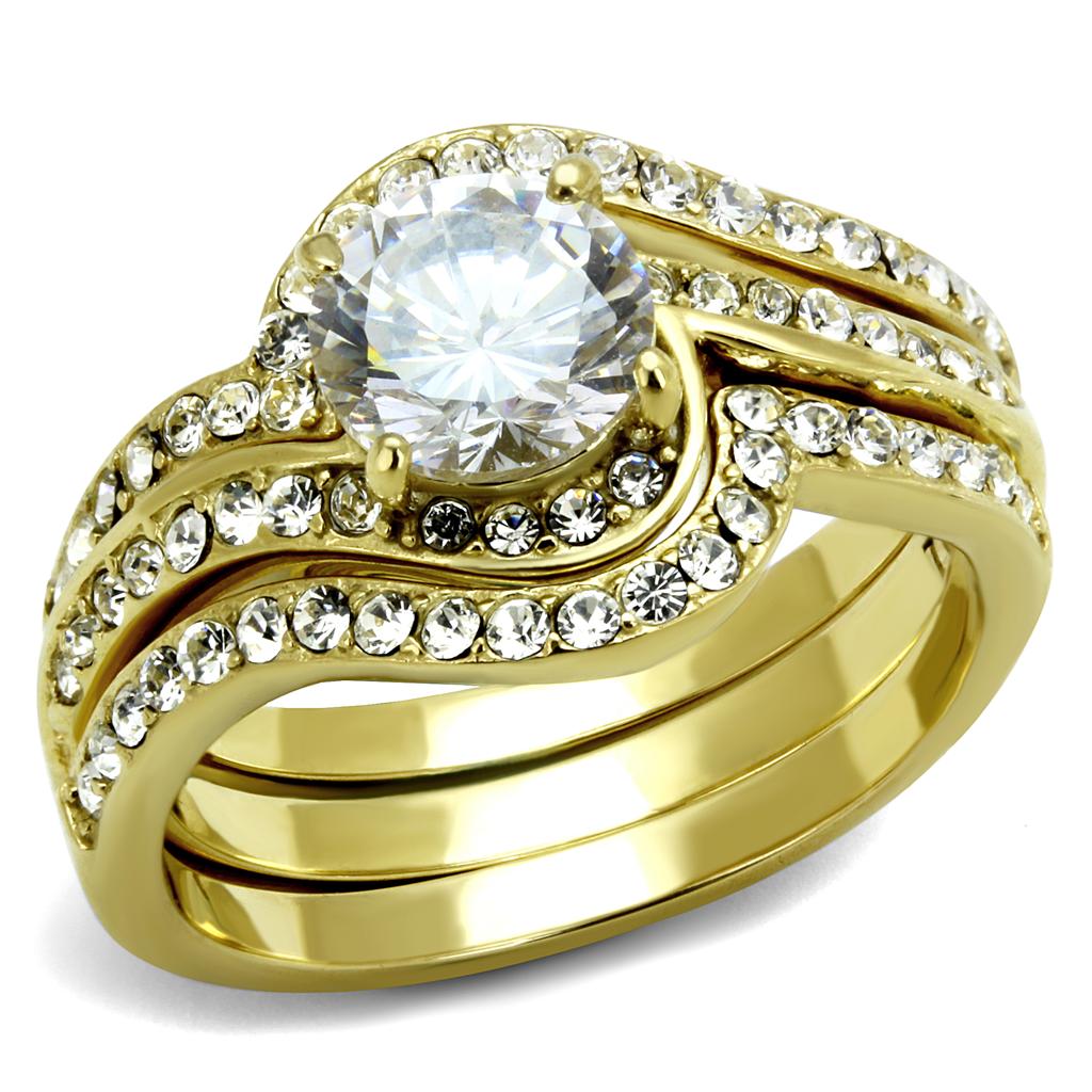 IP Gold(Ion Plating) Stainless Steel Ring with Top Grade Crystal  in Clear