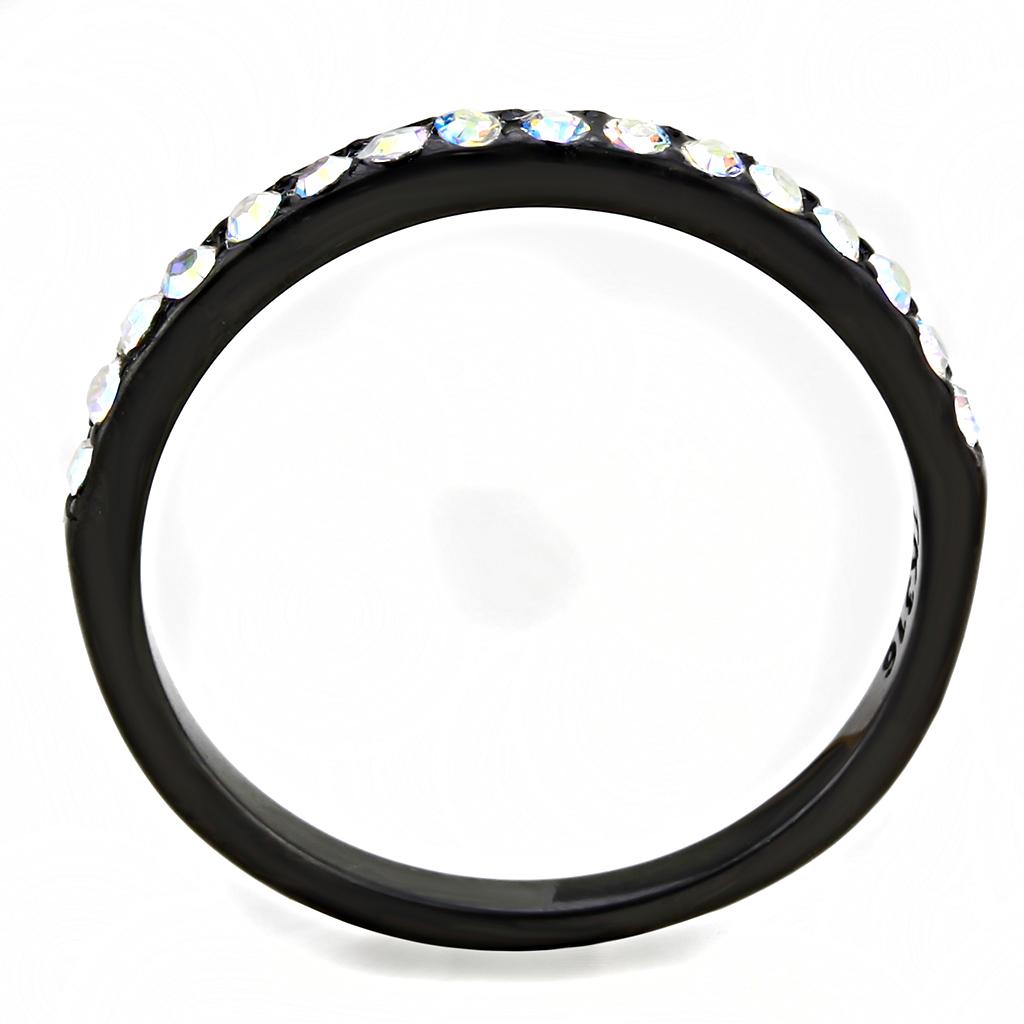 IP Black(Ion Plating) Stainless Steel Ring with Top Grade Crystal  in Aurora Borealis (Rainbow Effect)