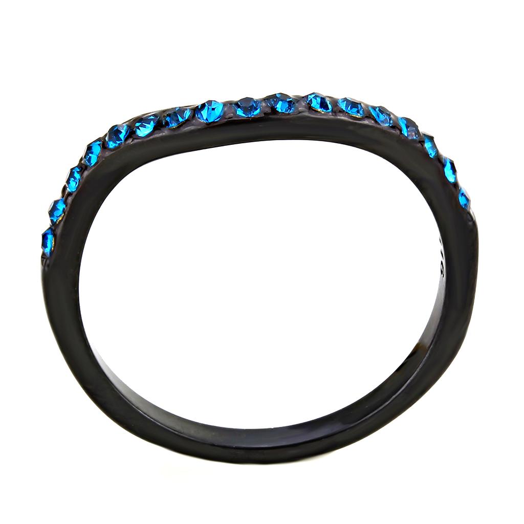 IP Black(Ion Plating) Stainless Steel Ring with Top Grade Crystal  in Blue Zircon