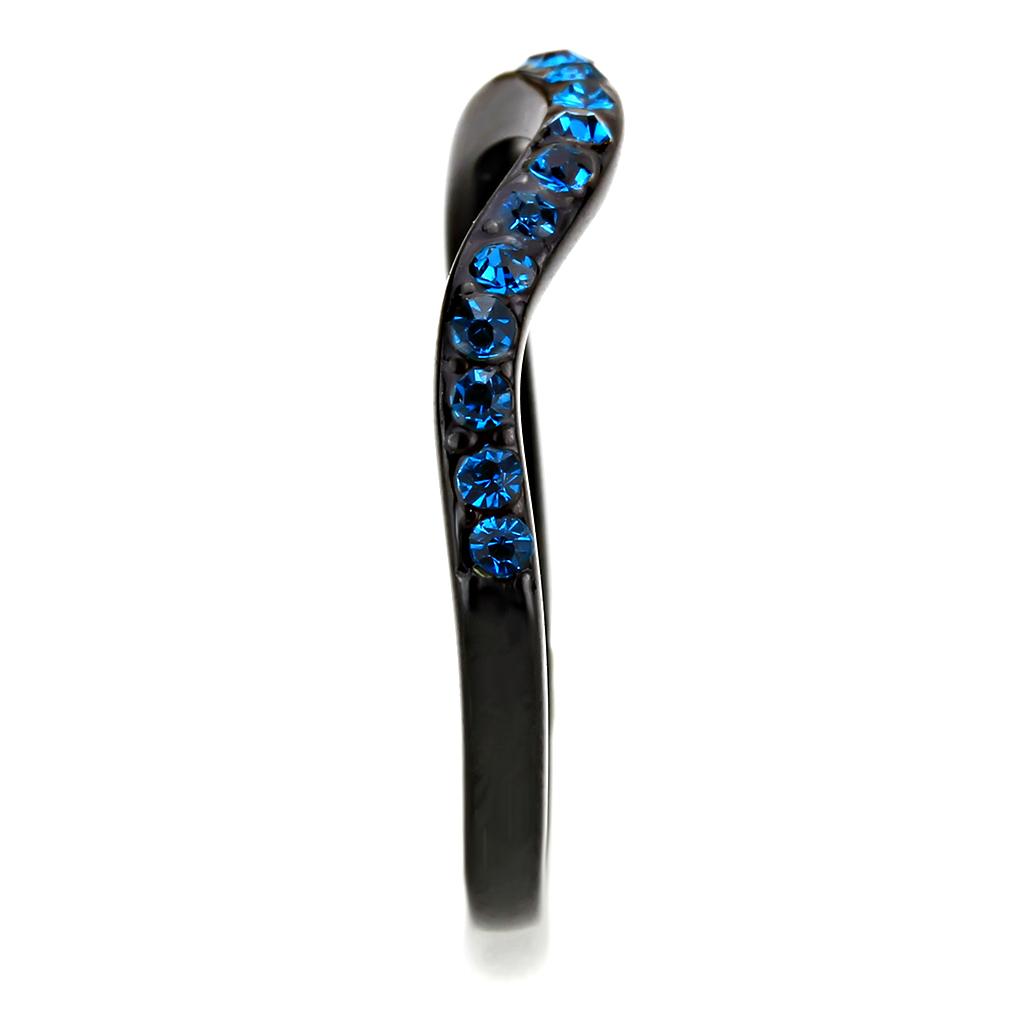 IP Black(Ion Plating) Stainless Steel Ring with Top Grade Crystal  in Blue Zircon