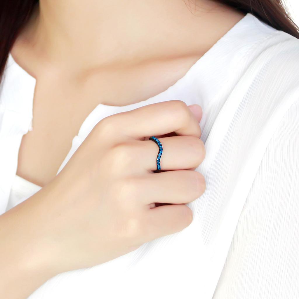 IP Black(Ion Plating) Stainless Steel Ring with Top Grade Crystal  in Blue Zircon