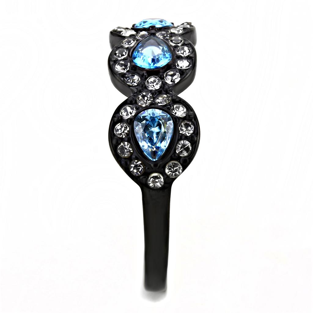 IP Black(Ion Plating) Stainless Steel Ring with AAA Grade CZ  in Sea Blue