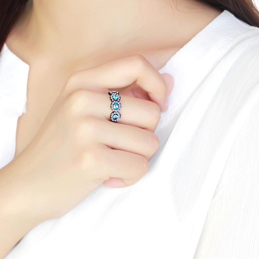 IP Black(Ion Plating) Stainless Steel Ring with AAA Grade CZ  in Sea Blue