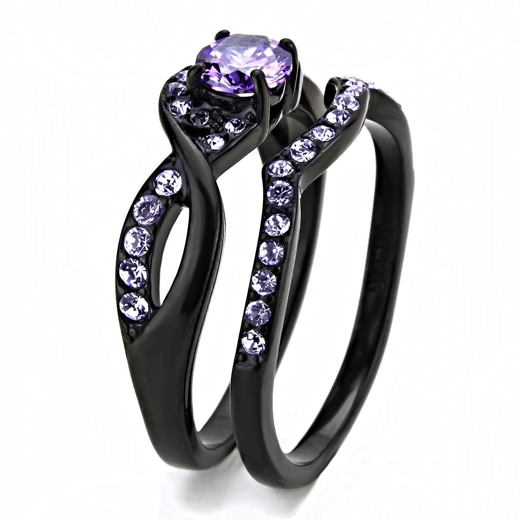IP Black(Ion Plating) Stainless Steel Ring with AAA Grade CZ  in Amethyst