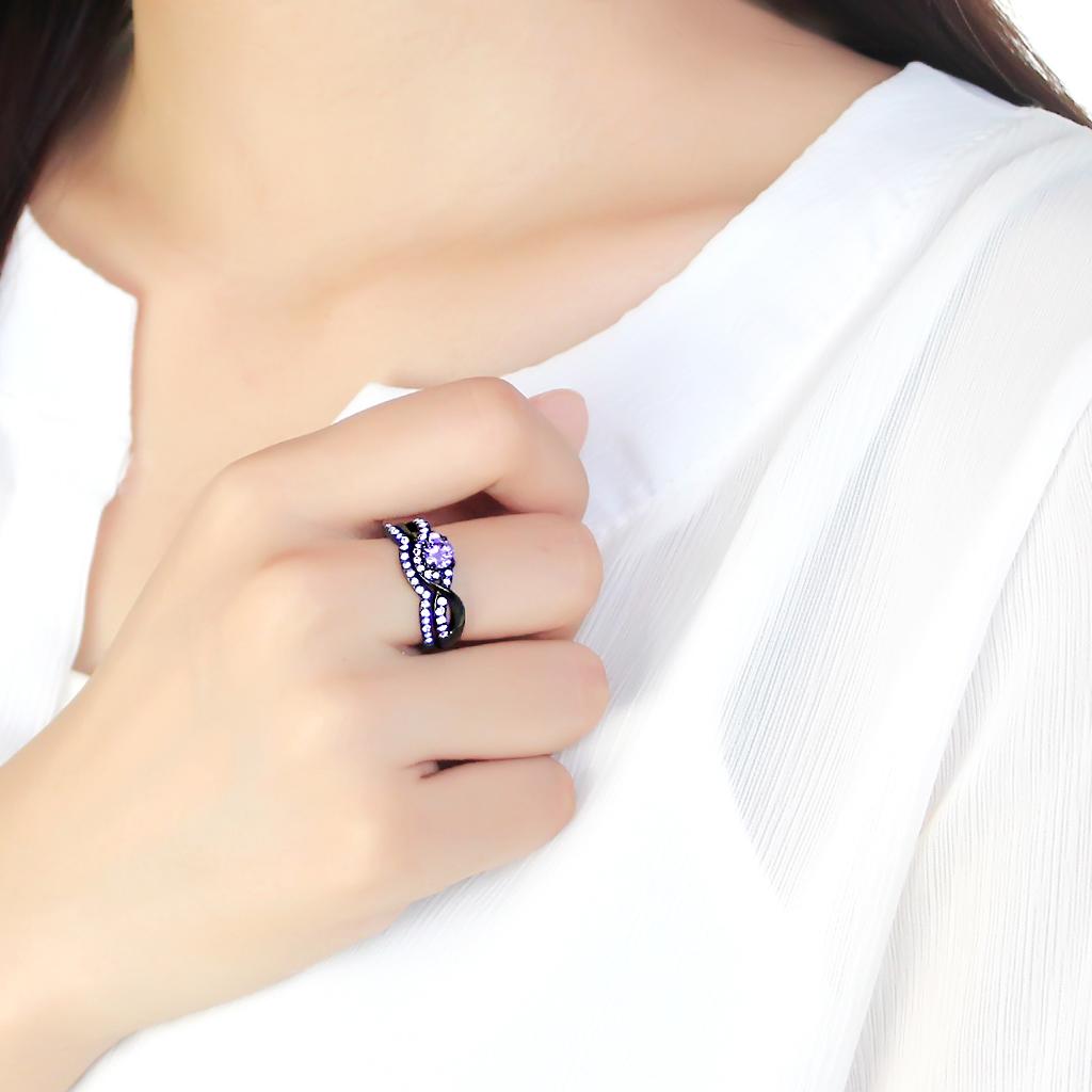 IP Black(Ion Plating) Stainless Steel Ring with AAA Grade CZ  in Amethyst