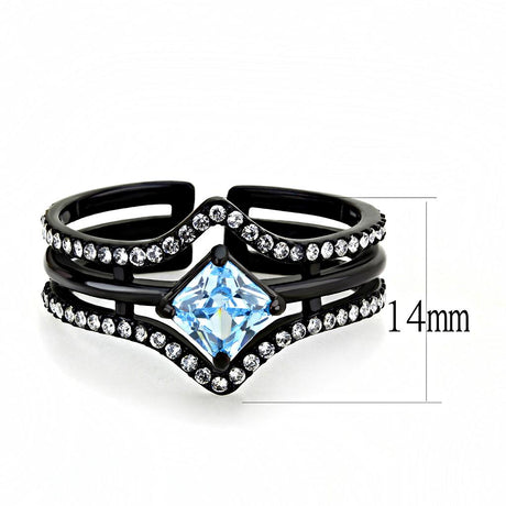 IP Black(Ion Plating) Stainless Steel Ring with AAA Grade CZ  in Sea Blue