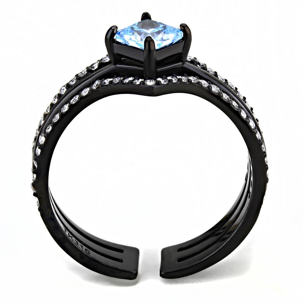 IP Black(Ion Plating) Stainless Steel Ring with AAA Grade CZ  in Sea Blue