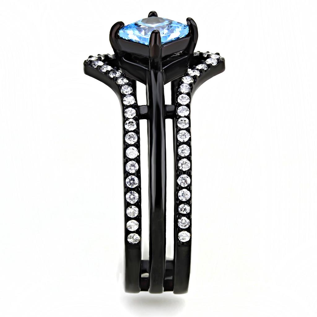 IP Black(Ion Plating) Stainless Steel Ring with AAA Grade CZ  in Sea Blue