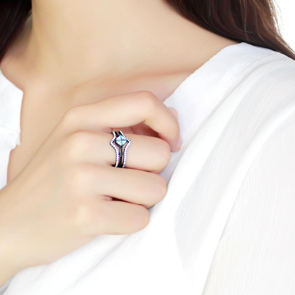 IP Black(Ion Plating) Stainless Steel Ring with AAA Grade CZ  in Sea Blue