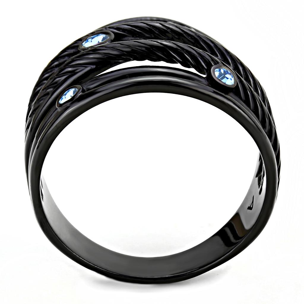 IP Black(Ion Plating) Stainless Steel Ring with Top Grade Crystal  in Sea Blue