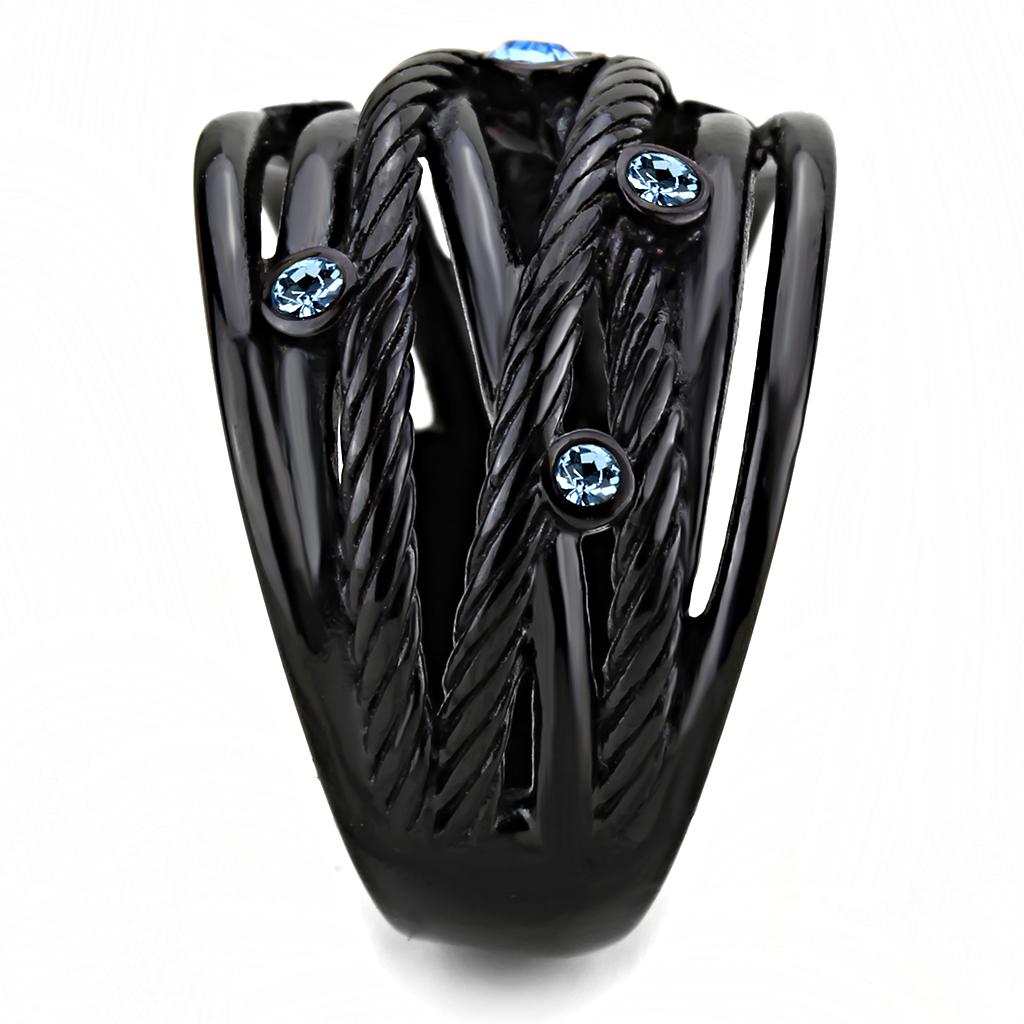 IP Black(Ion Plating) Stainless Steel Ring with Top Grade Crystal  in Sea Blue