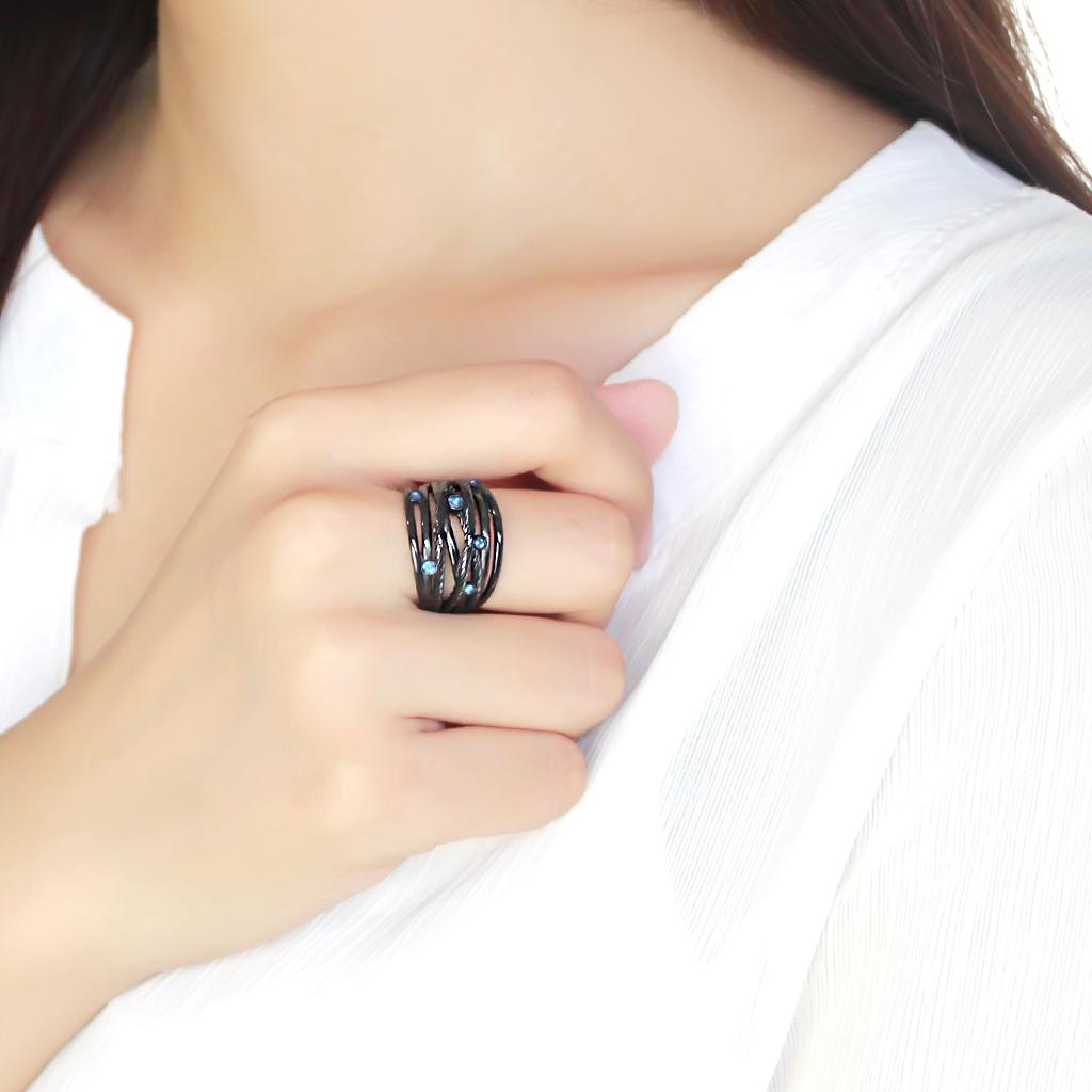 IP Black(Ion Plating) Stainless Steel Ring with Top Grade Crystal  in Sea Blue