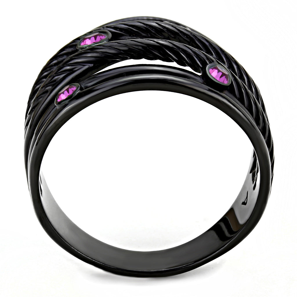 IP Black(Ion Plating) Stainless Steel Ring with Top Grade Crystal  in Fuchsia
