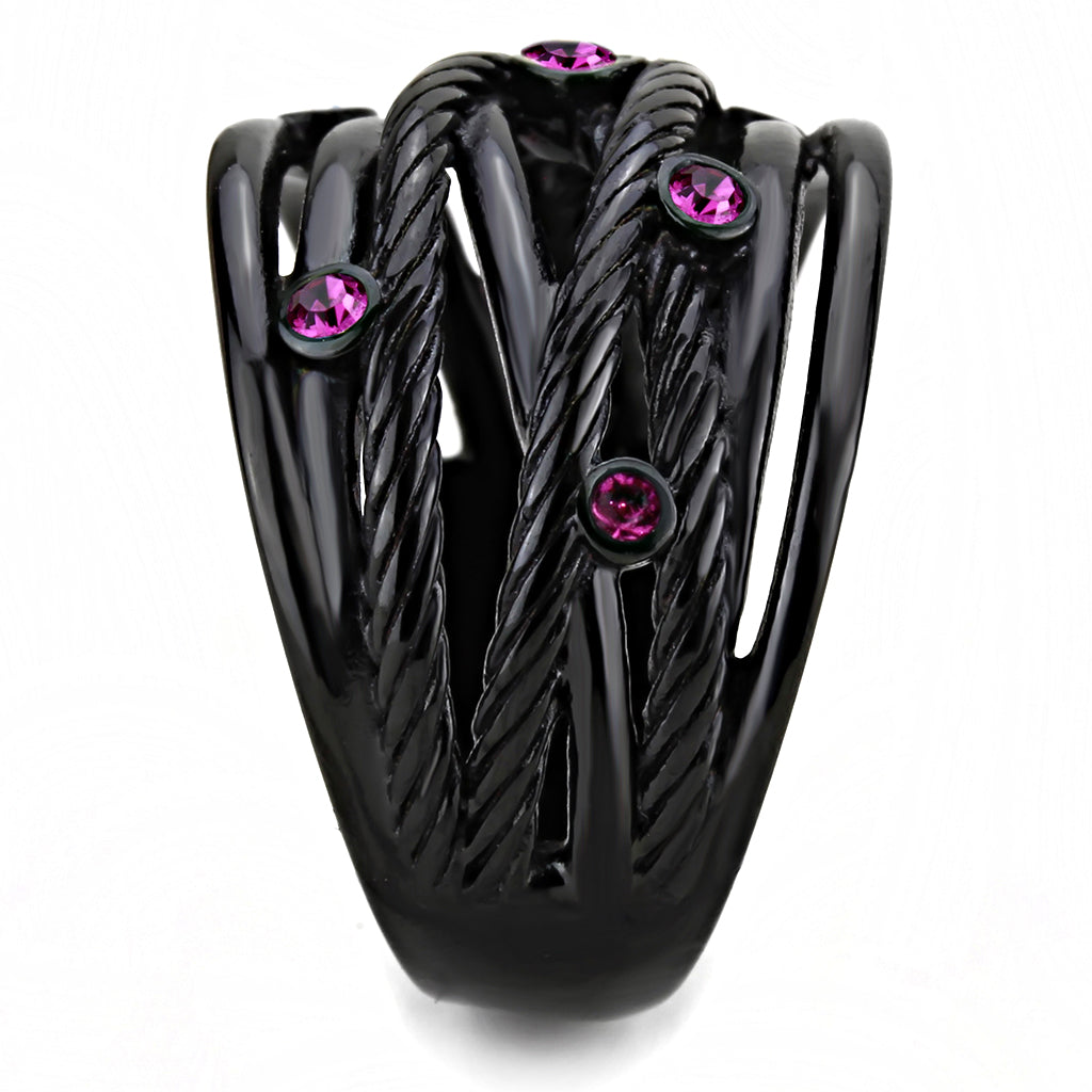 IP Black(Ion Plating) Stainless Steel Ring with Top Grade Crystal  in Fuchsia