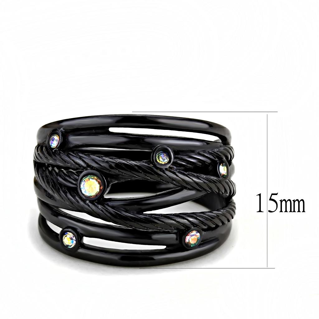IP Black(Ion Plating) Stainless Steel Ring with Top Grade Crystal  in Aurora Borealis (Rainbow Effect)