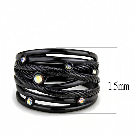IP Black(Ion Plating) Stainless Steel Ring with Top Grade Crystal  in Aurora Borealis (Rainbow Effect)