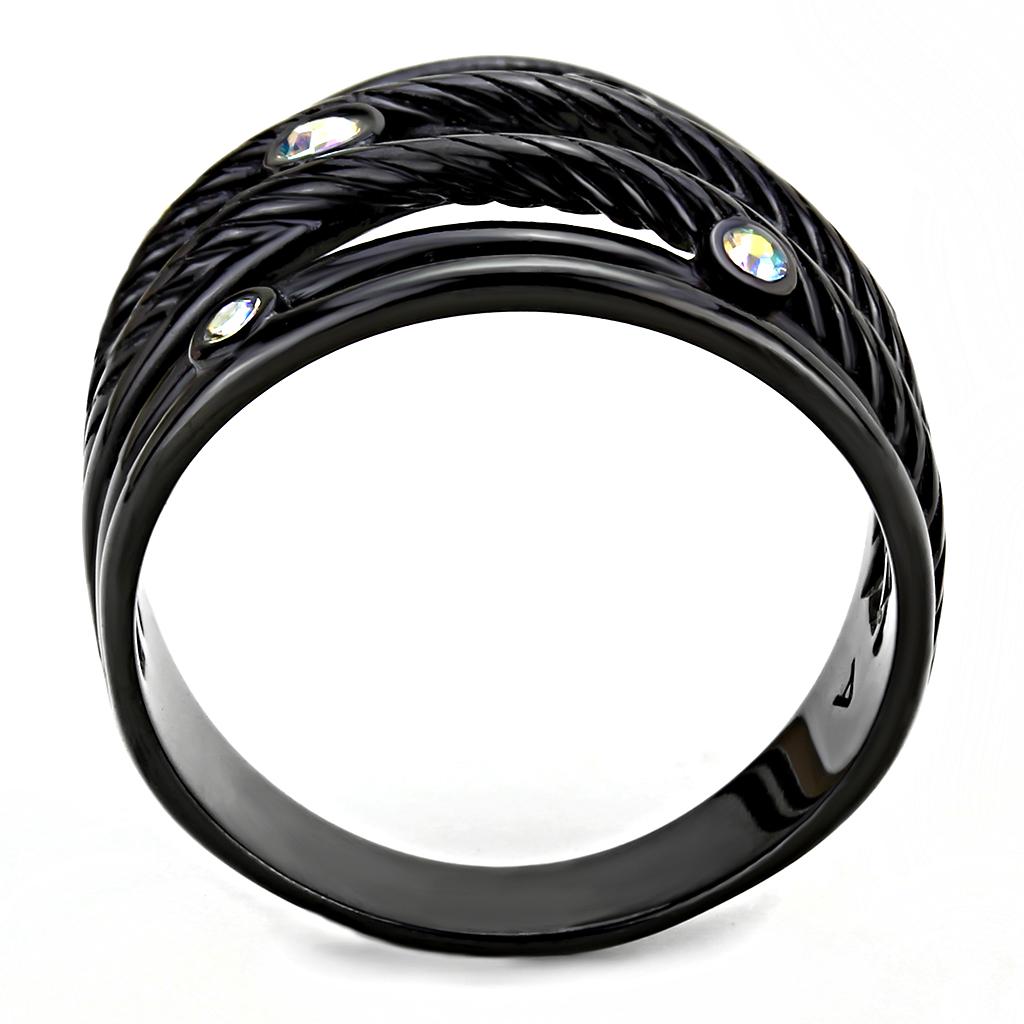 IP Black(Ion Plating) Stainless Steel Ring with Top Grade Crystal  in Aurora Borealis (Rainbow Effect)
