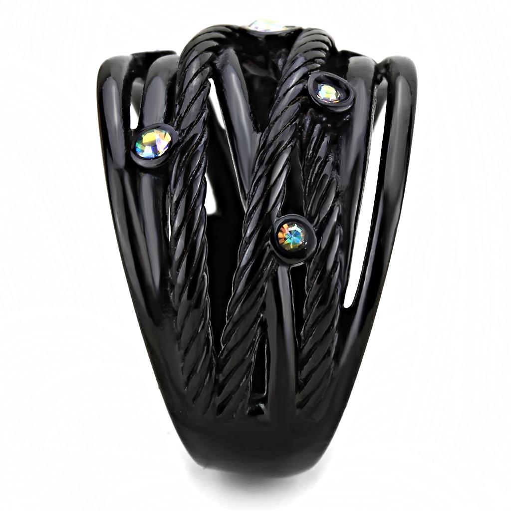 IP Black(Ion Plating) Stainless Steel Ring with Top Grade Crystal  in Aurora Borealis (Rainbow Effect)