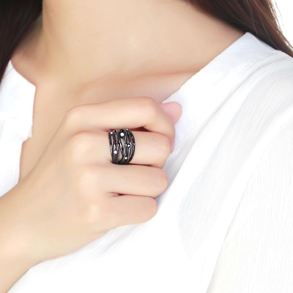 IP Black(Ion Plating) Stainless Steel Ring with Top Grade Crystal  in Aurora Borealis (Rainbow Effect)